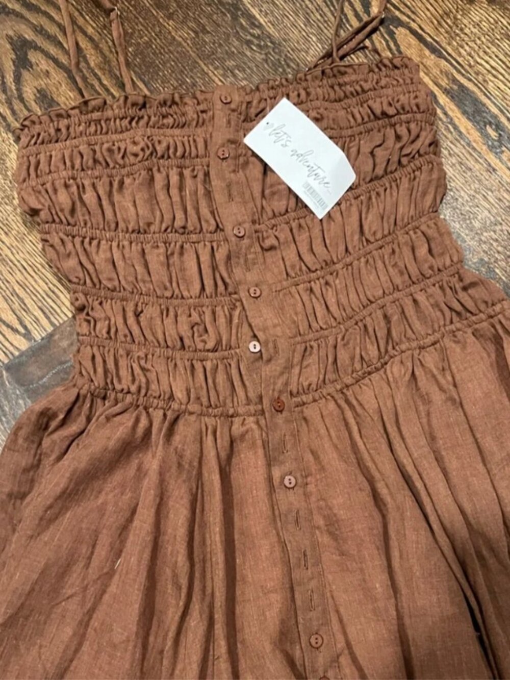 12th Tribe Smocked Mini Dress Brown XS Ruched Button Front NWT - Picture 4 of 7
